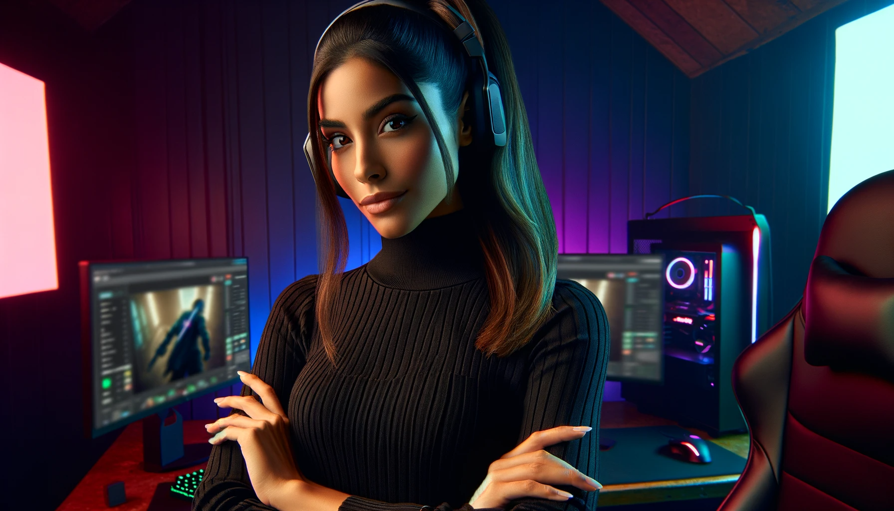 DALL·E 2024-01-03 13.45.22 - Create a 4k quality image of a Hispanic female with a sleek ponytail and striking eyes, wearing a high-neck black top, posed with crossed arms. The se